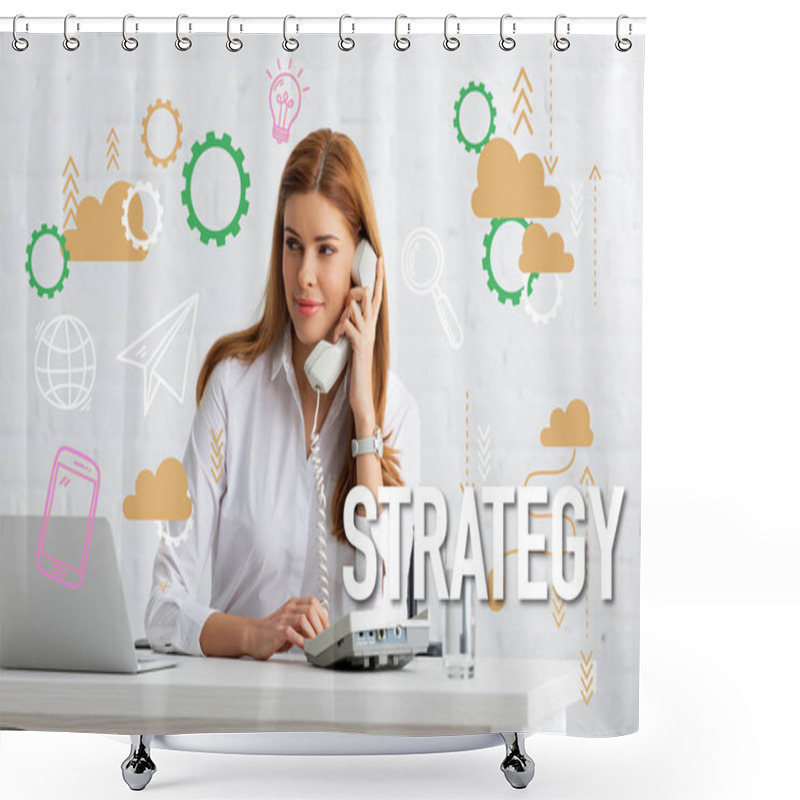 Personality  Successful Businesswoman Talking On Phone At Table With Glass Of Water And Laptop, Strategy Illustration Shower Curtains