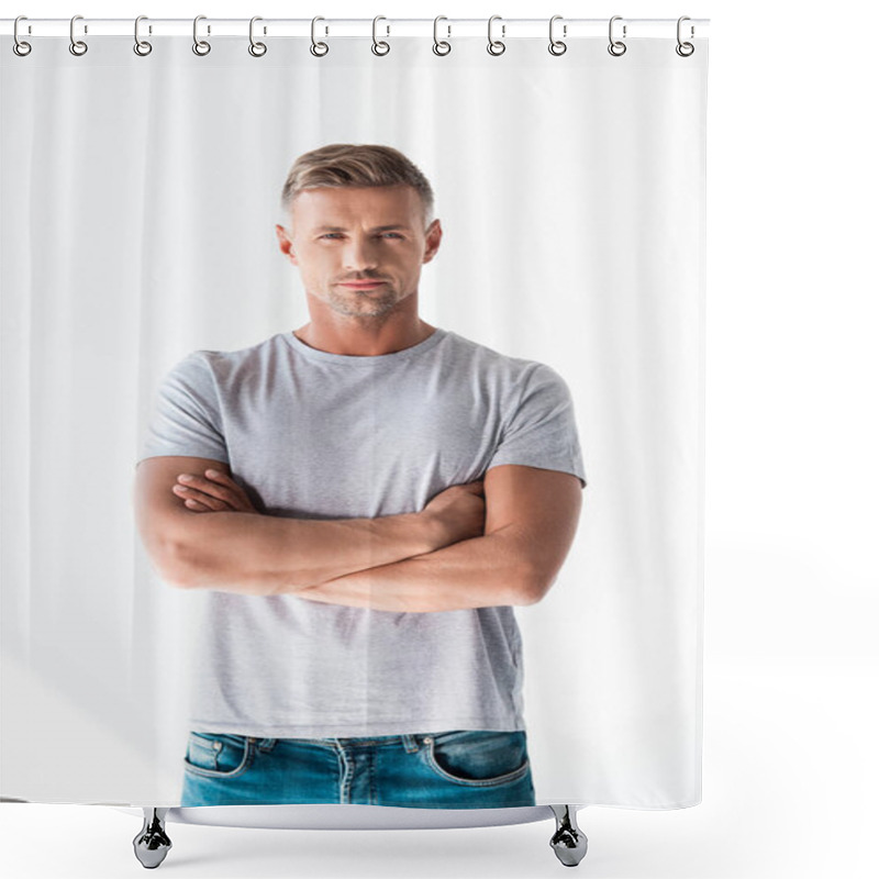 Personality  Handsome Adult Man In Blank Grey T-shirt Looking At Camera With Crossed Arms Isolated On White Shower Curtains