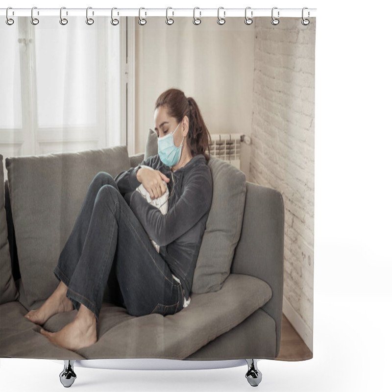 Personality  Sad Latin Woman With Protective Face Mask At Home Living Room Couch Feeling Tired And Worried Suffering Depression Amid Coronavirus Lockdown And Social Distancing. Mental Health And Isolation Concept. Shower Curtains