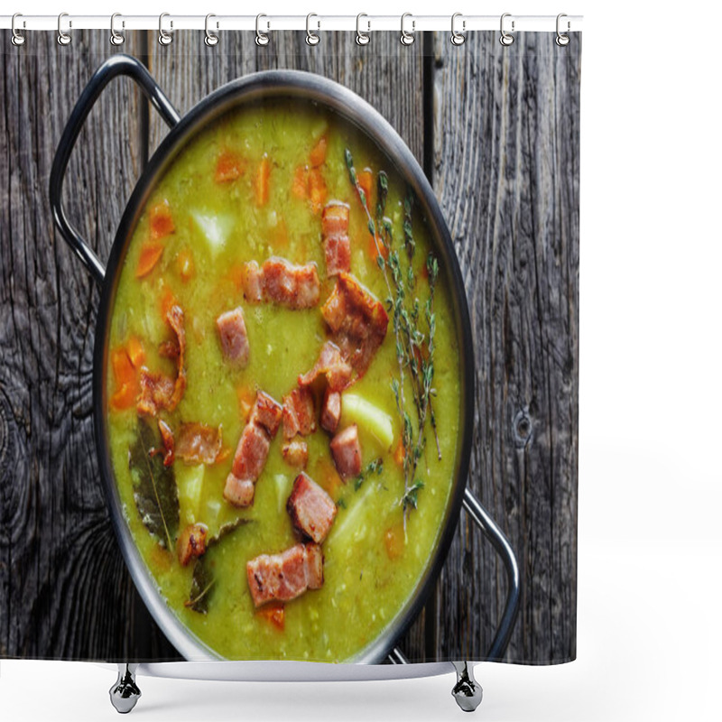 Personality  German One Pot Split Pea Soup Erbseneintopf With Bacon, Pork Meat, Carrot, Potato With Thyme - Winter Comforting Dish Served On A Pot On An Old Barn Wooden Table, Horizontal Orientation, Close-up Shower Curtains