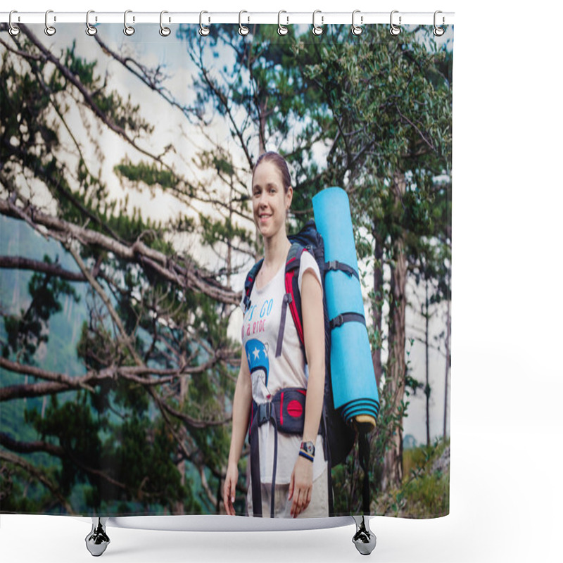 Personality  Caucasian Hiker Woman On Trek In Mountains With Backpack Living A Healthy Active Lifestyle. Hiker Girl On Nature Landscape Hike In Crimea. Shower Curtains