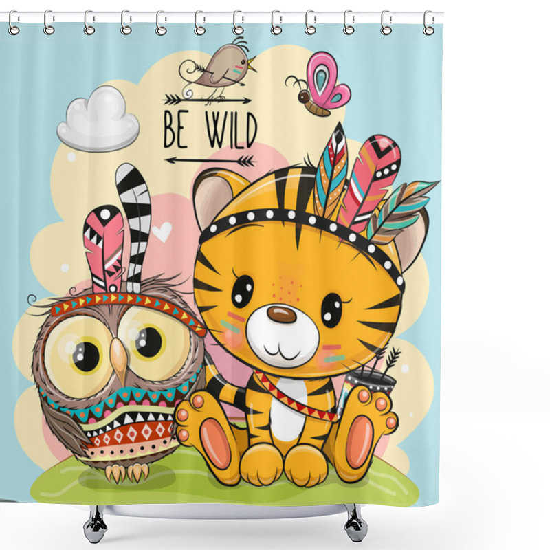 Personality  Cute Cartoon Tribal Tiger And Owl With Feather Shower Curtains