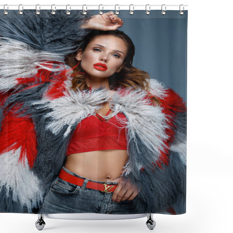 Personality  Beautiful Woman With Classic Holiday Make-up, Red Lips, Curls In A Multi-colored Llama Coat. Beauty Face. Shower Curtains