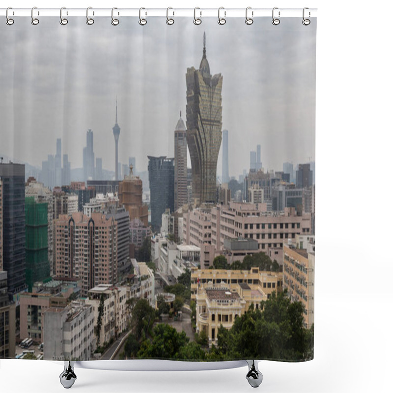 Personality  Iconic Grand Lisboa Building Under Cloudy Skies In Macau Shower Curtains