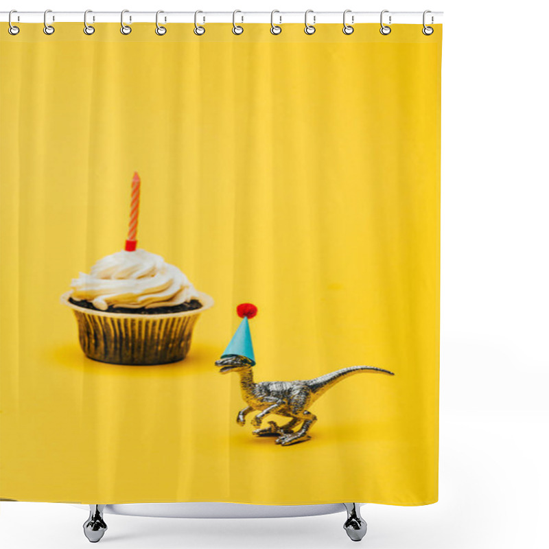 Personality  Toy Dinosaur In Party Cap And Cupcake With Candle On Yellow Background Shower Curtains