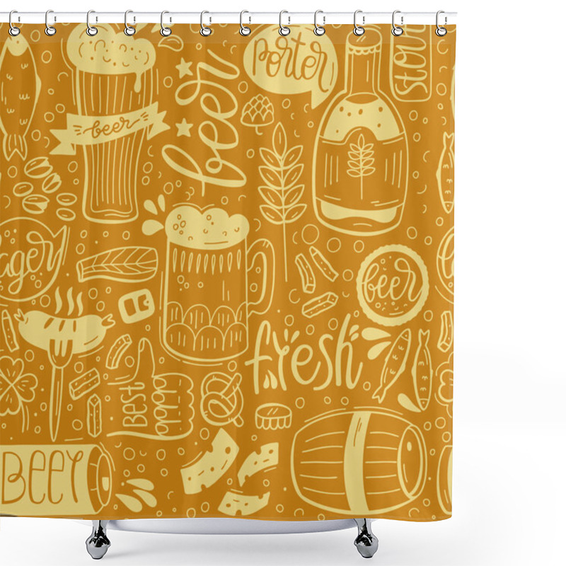 Personality  Seamless Pattern With Beer And Hand-drawn Lettering. Beer And Snack. Background For Bar, Pub, Cafe, Fest And Party. Vector Cartoon Illustration. Shower Curtains