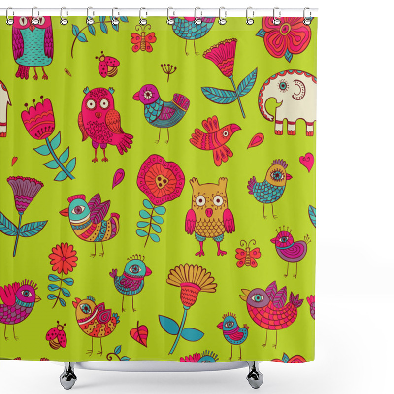 Personality  Birds Owls Elephant Flowers Seamless Pattern Shower Curtains