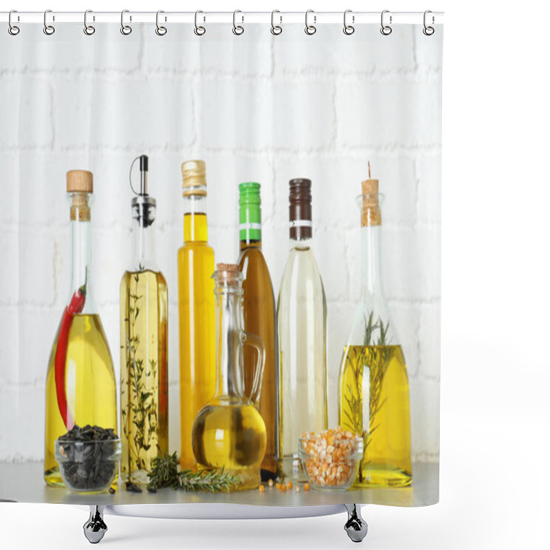 Personality  Different Cooking Oils In Bottles On Grey Table Shower Curtains