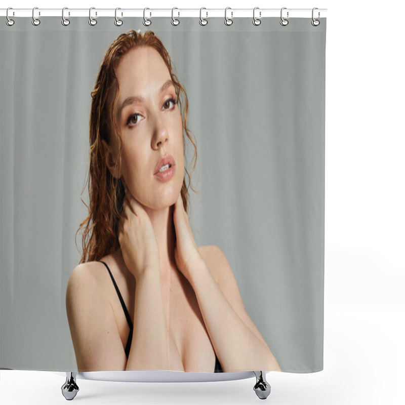 Personality  A Captivating Red Haired Woman Showcases Her Chic Look And Confidence. Shower Curtains