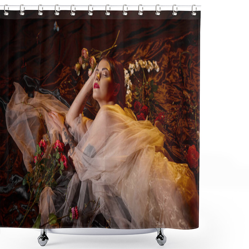 Personality  Charming Young Woman In Romantic Transparent Dress Lying Among Blooming Flowers, Closed Eyes Shower Curtains