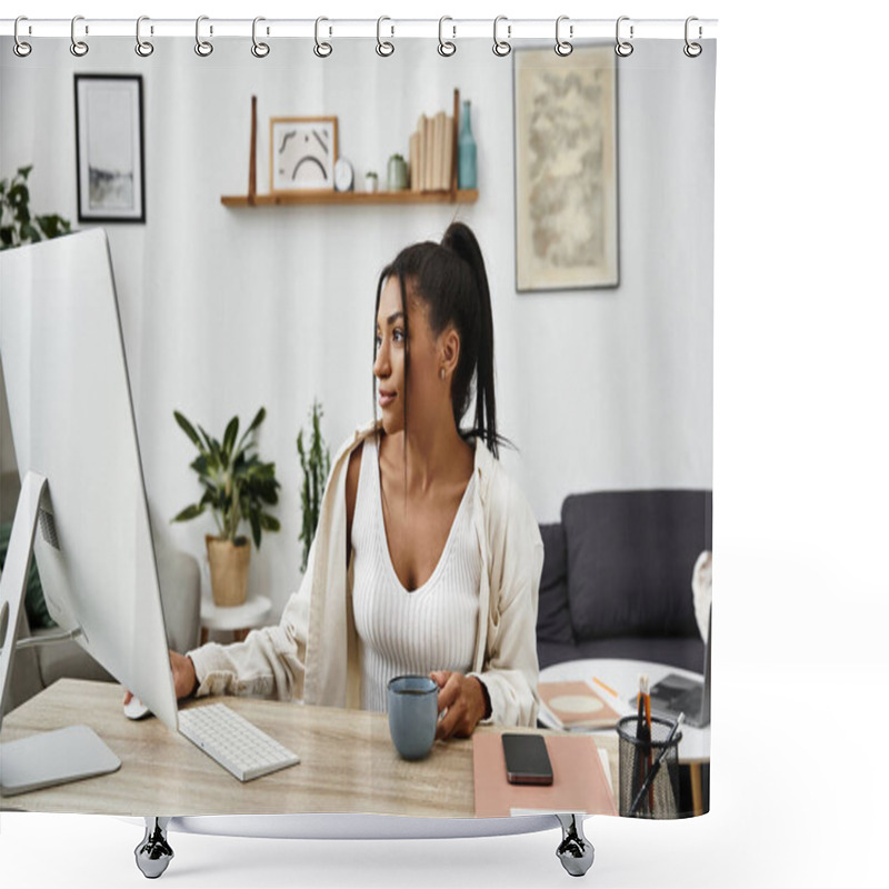 Personality  A Young Woman Enjoys Studying From Her Home, Surrounded By A Peaceful And Organized Workspace. Shower Curtains