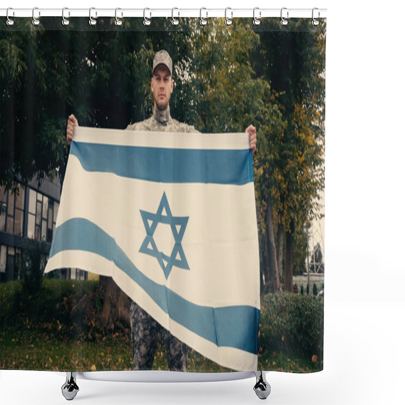 Personality  Young Soldier In Uniform And Cap Holding Flag Of Israel Outdoors  Shower Curtains