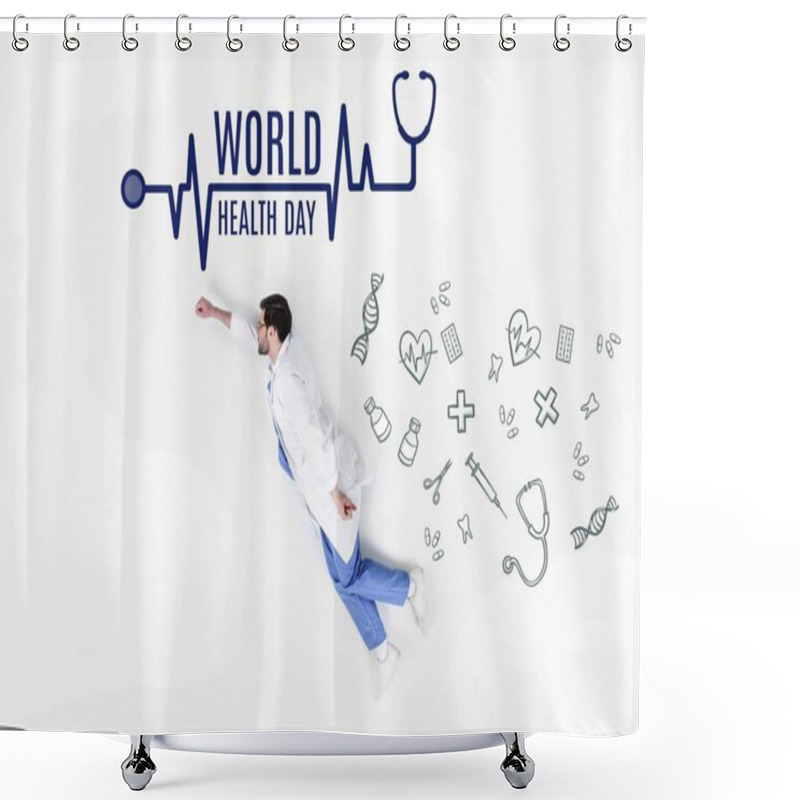 Personality  Creative Collage Of Doctor Flying Like Super Hero With World Health Day Inscription And Medical Icons Shower Curtains