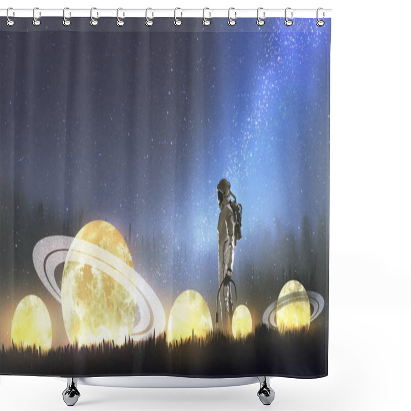 Personality  Astronaut Looking At Stars On The Grass, Digital Art Style, Illustration Painting Shower Curtains