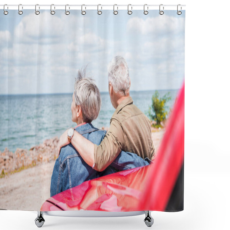 Personality  Back View Of Senior Couple Standing Near Red Car And Embracing At Beach Shower Curtains