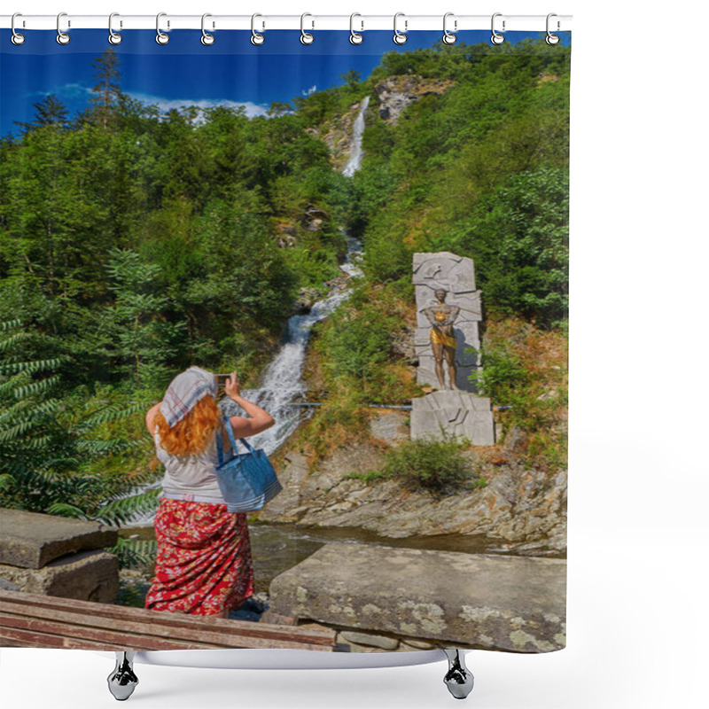 Personality  Woman Against Waterfall In  Borjomi Town Central Park Shower Curtains