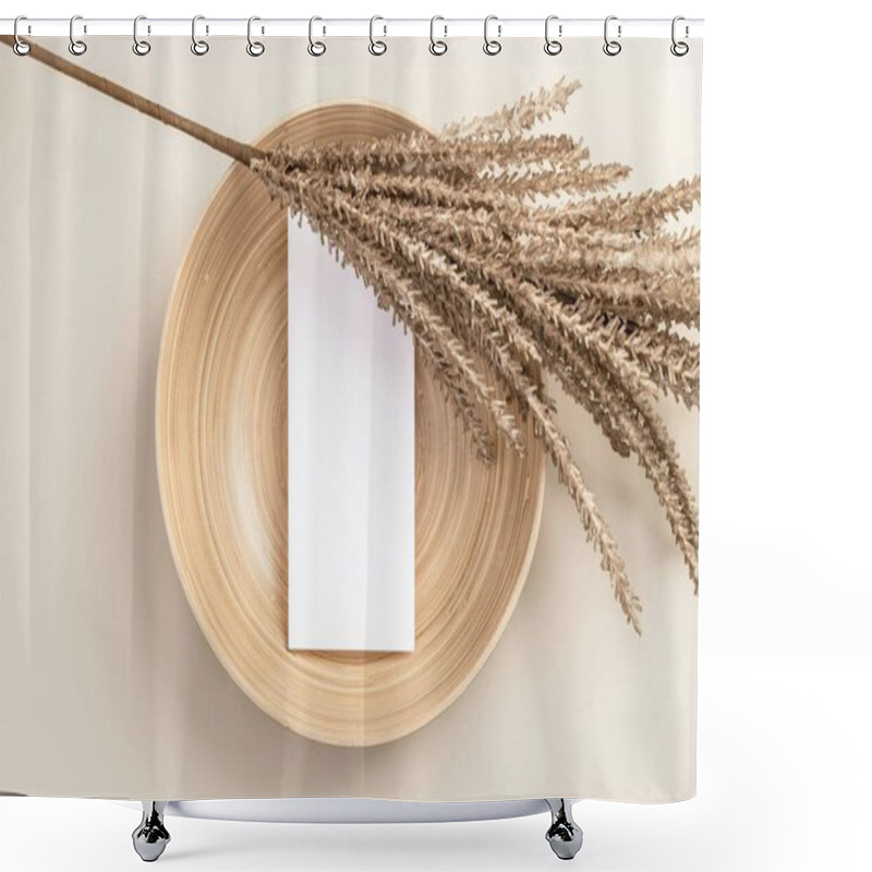 Personality  Elegant Arrangement With A Blank Card And Dried Foliage In A Wooden Bowl. Shower Curtains