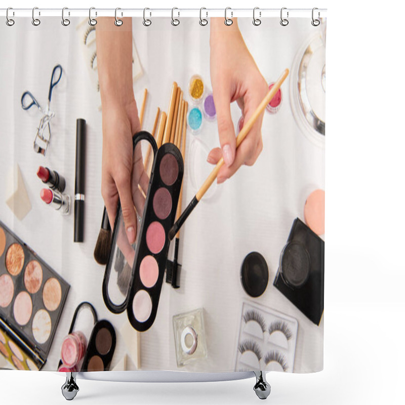 Personality  Cropped View Of Woman Holding Eyeshadows And Cosmetic Brush Shower Curtains