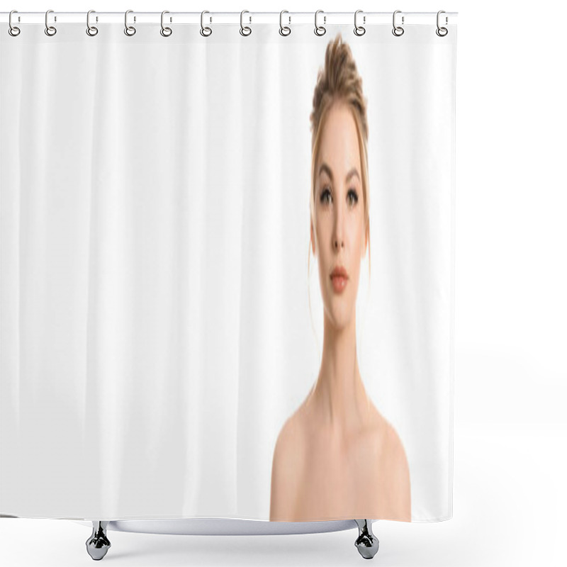 Personality  Naked Beautiful Blonde Woman With Makeup Looking At Camera Isolated On White, Panoramic Shot Shower Curtains