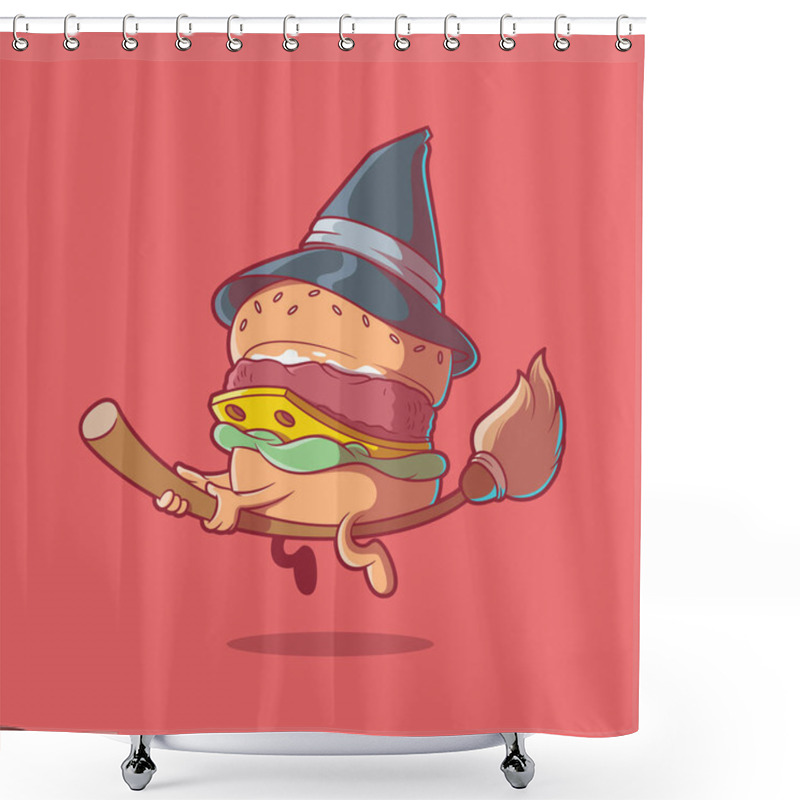 Personality  Burger Character Flying On A Broom Vector Illustration. Food, Scary, Funny Design Concept. Shower Curtains