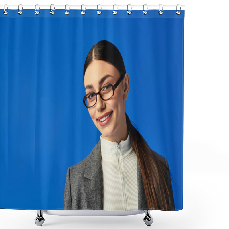 Personality  A Young Woman Joyfully Stands With Confidence Against A Bright Blue Background. Shower Curtains