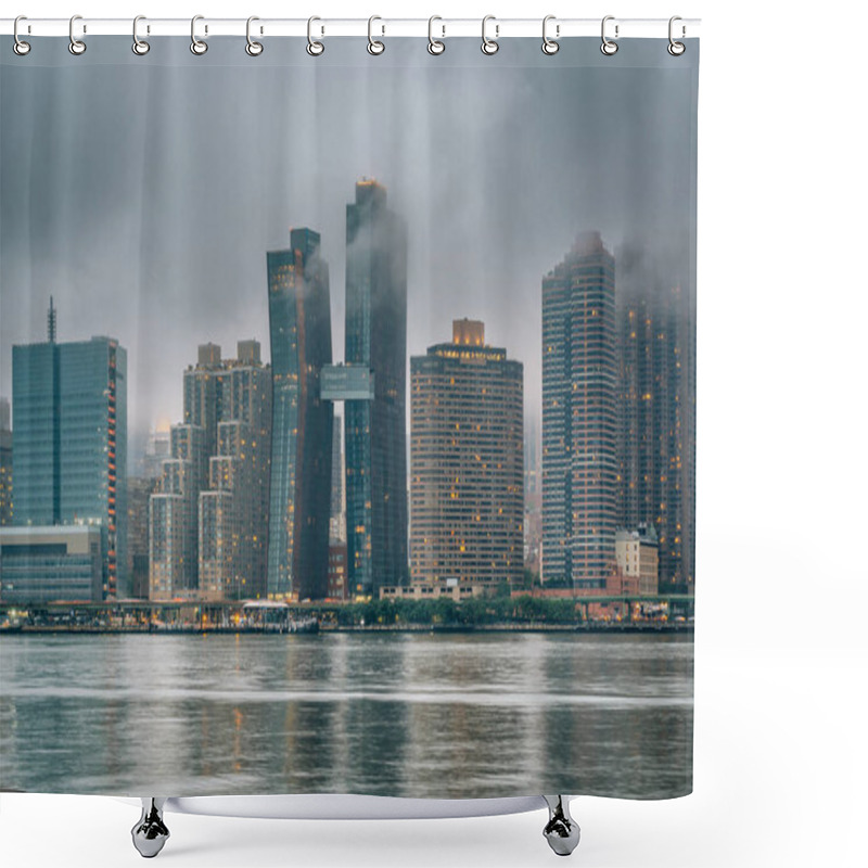 Personality  Foggy View Of The Manhattan Skyline From Gantry Plaza State Park, In Long Island City, Queens, New York City. Shower Curtains