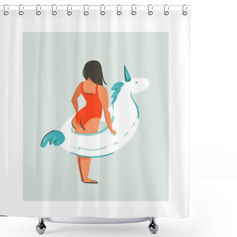 Personality  Hand Drawn Vector Abstract Cute Summer Time Fun Beach Young Girl Illustration With Unicorn Float Rubber Ring Isolated On Blue Background Shower Curtains