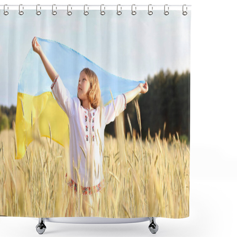 Personality  Beautiful Ukrainian Girl Carries Fluttering Blue And Yellow Flag Of Ukraine Against  Sky And Field Background. Ukrainian Flag Is A Symbol Of Independence. Celebrate Constitution Independence Flag Day Shower Curtains