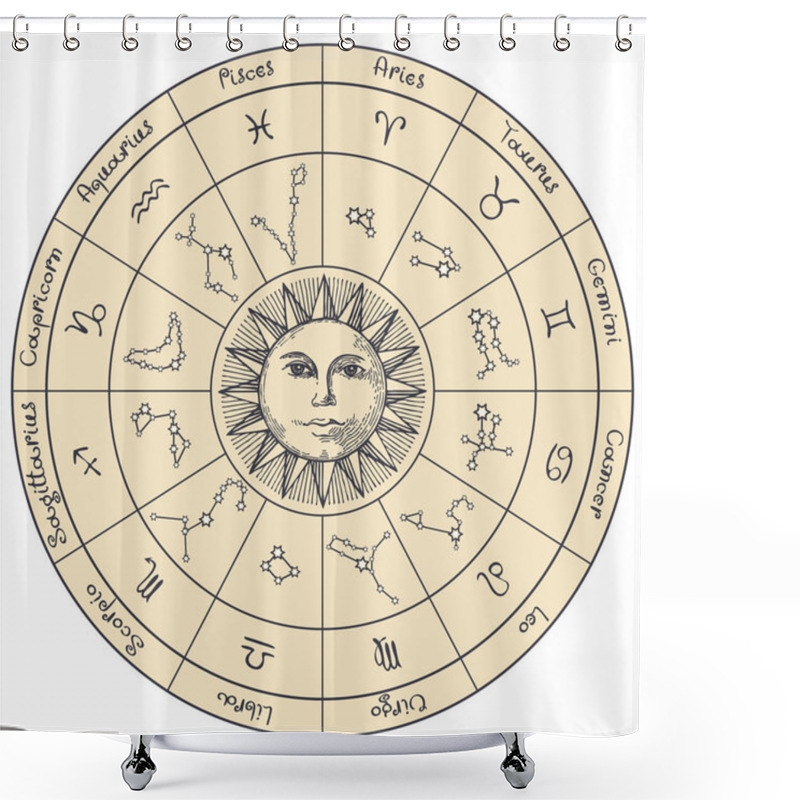 Personality  Circle Zodiac Signs With Hand Drawn Sun Shower Curtains