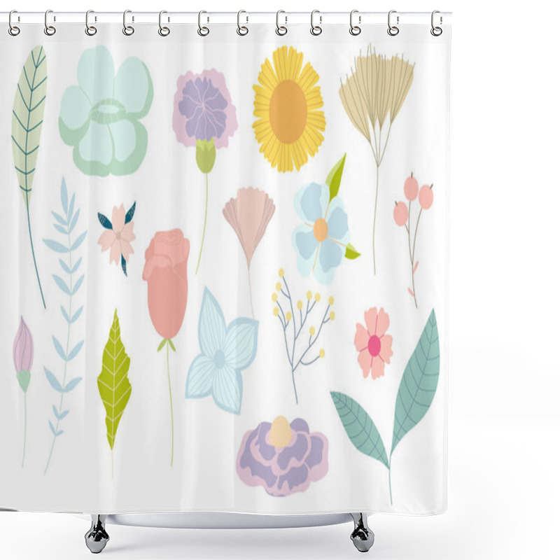 Personality  Collection Of Hand Drawn Pastel Doodle Flowers And Plants, Girly Boho Style, Vector, Illustration Shower Curtains