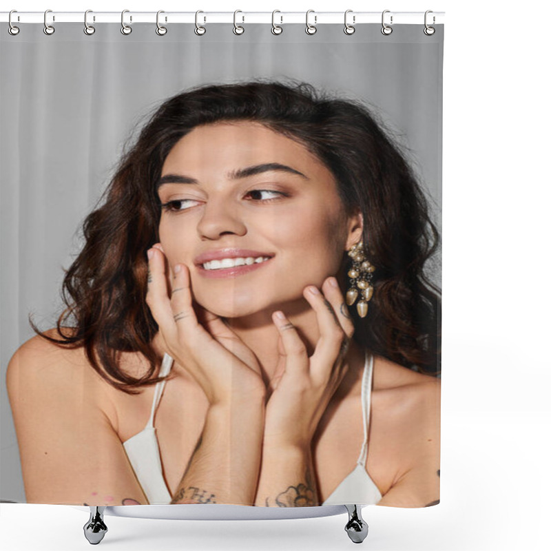 Personality  Beautiful Young Woman Displays A Joyful Expression While Touching Her Face In A Studio Backdrop Shower Curtains