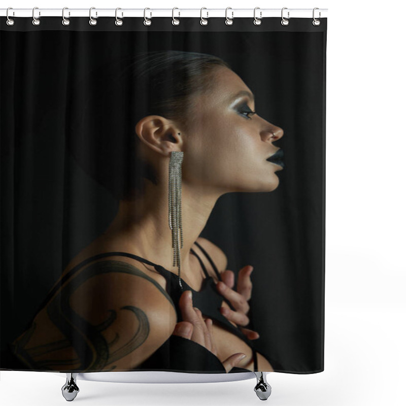 Personality  Profile Of Sensual Tattooed Woman With Dark Makeup And Shiny Earring On Black, Halloween Concept Shower Curtains