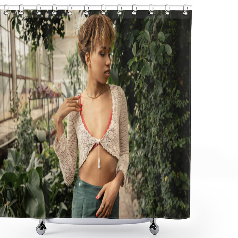 Personality  Fashionable Young African American Woman In Knitted Top And Skirt Touching Shoulder And Standing Near Green Plants In Garden Center, Fashion-forward Woman With Tropical Plants At Backdrop  Shower Curtains