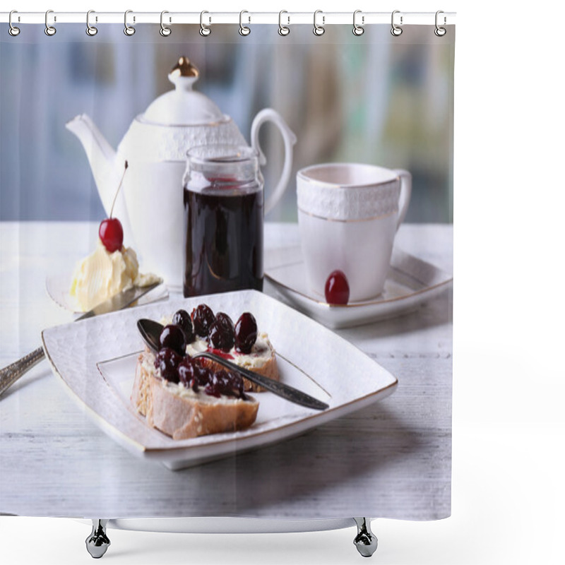 Personality  Fresh Bread With Cherry Jam And Homemade Butter On Plate On Wooden Table, On Bright Background Shower Curtains