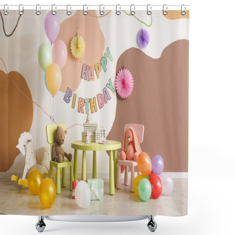 Personality  Interior For Child's Birthday Party With Balloons, Toys And Furniture Shower Curtains