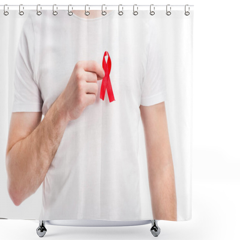 Personality  Midsection Of Man Putting Red Ribbon On Shirt Isolated On White, World Aids Day Concept Shower Curtains