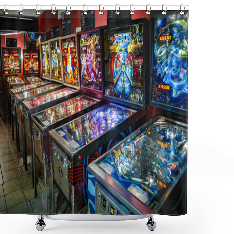 Personality  Budapest, Hungary - March 25, 2018: Pinball Museum. Pinball Table Close Up View Of Vintage Machine Shower Curtains