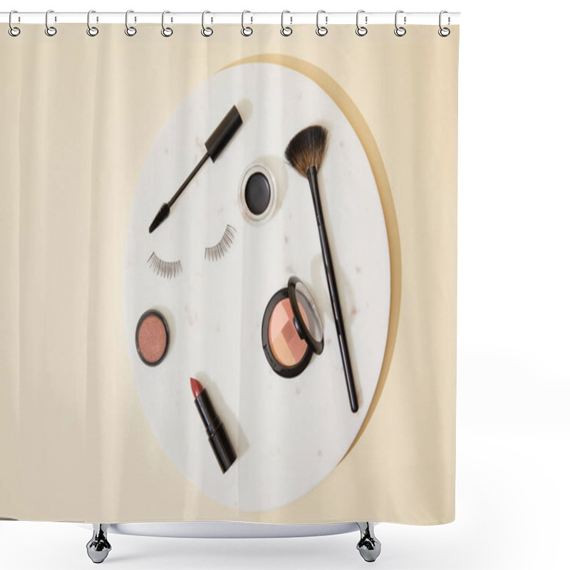 Personality  Top View Of Various Cosmetics Lying On Round Plate Shower Curtains