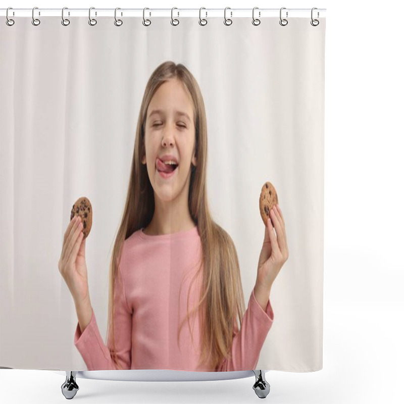 Personality  Cute Girl With Chocolate Chip Cookies Showing Tongue On White Background Shower Curtains