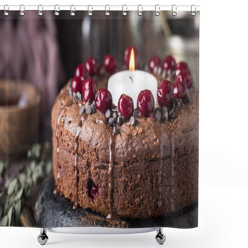 Personality  Chocolate Cherry Cake With Big Candle  Shower Curtains