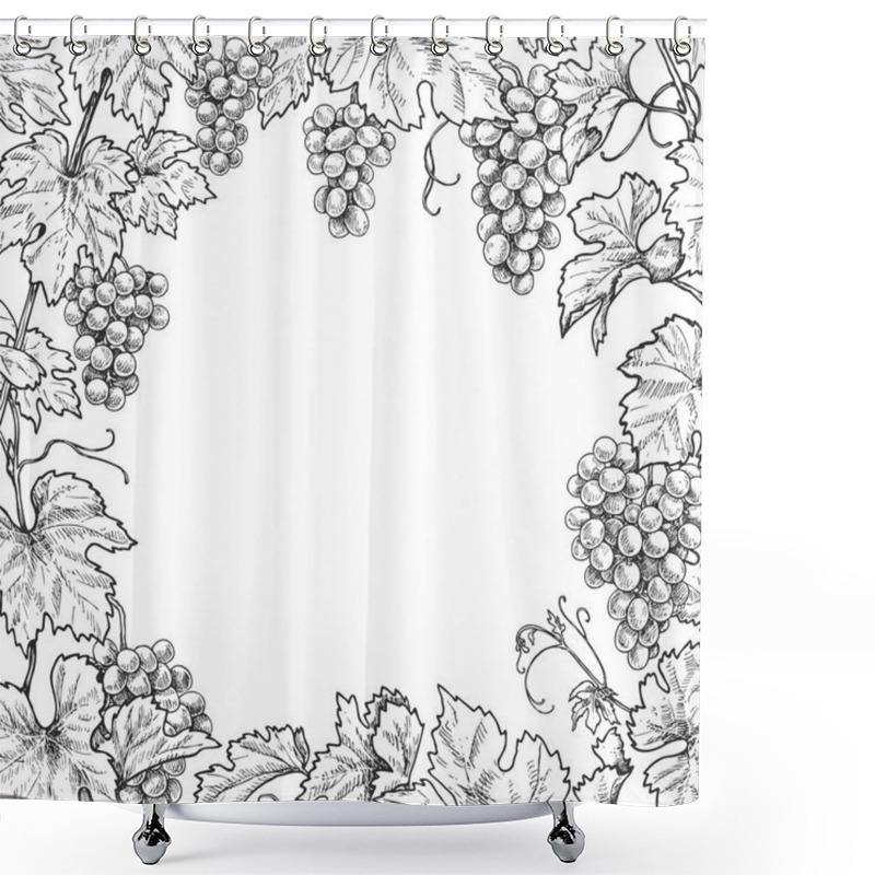 Personality  Monochrome Square Frame Made With Grapes Branches And Berries.  Hand Drawn Grape Bunches And Leaves. Black And White Border With Space For Text. Vector Sketch. Shower Curtains