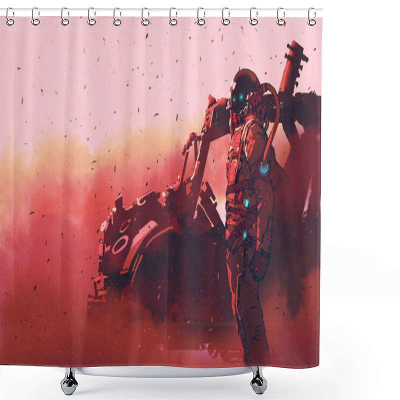 Personality  Red Astronaut Standing Near Futuristic Vehicle On Mars Planet Shower Curtains