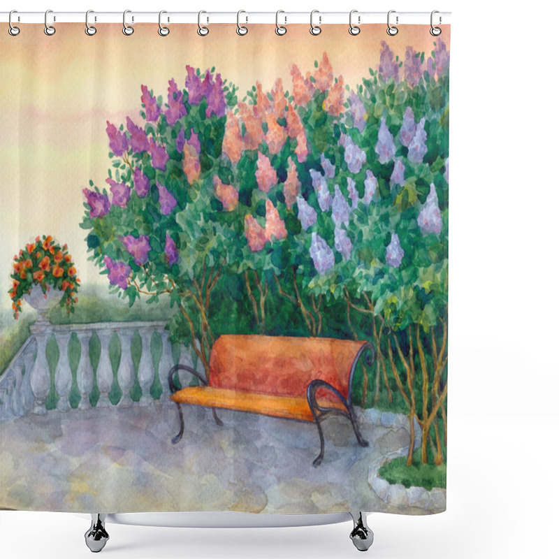 Personality  Colorful Vibrant Hand Drawn Watercolour Sketch Drawing On Paper Backdrop With Space For Text On Glowing Heaven. Quiet Romantic Scene. Retro Red Parkland Seat In Vivid Sunny Springtime Dusk Shower Curtains