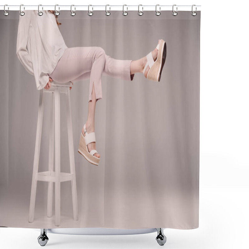 Personality  Cropped Image Of Woman Posing And Showing Legs On Chair On Grey Background  Shower Curtains