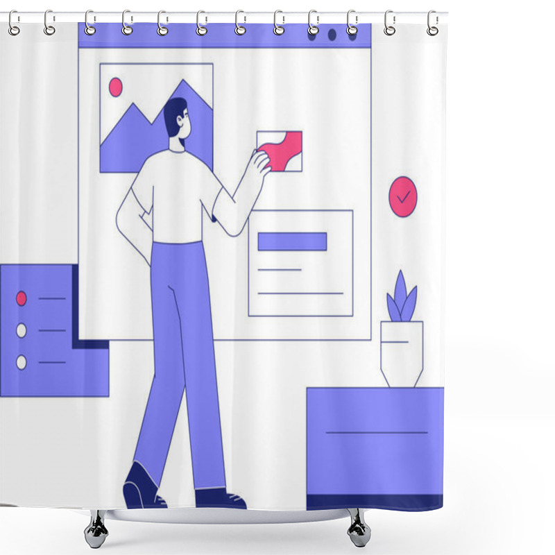 Personality  Male Designer Selecting Interface Elements On A Large Screen, Representing UX Design, Creativity, And Interactive Web Development. Shower Curtains