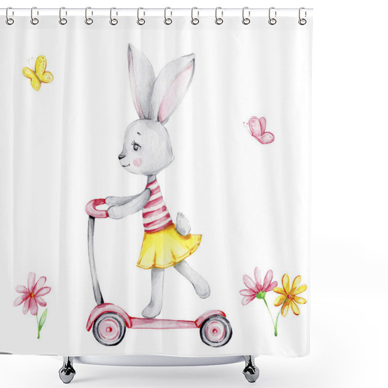 Personality  Cute Cartoon Bunny Girl On Scooter And Pink And Yellow Flowers And Butterflies; Watercolor Hand Draw Illustration; Can Be Used For Cards Or Kid Posters; With White Isolated Background Shower Curtains