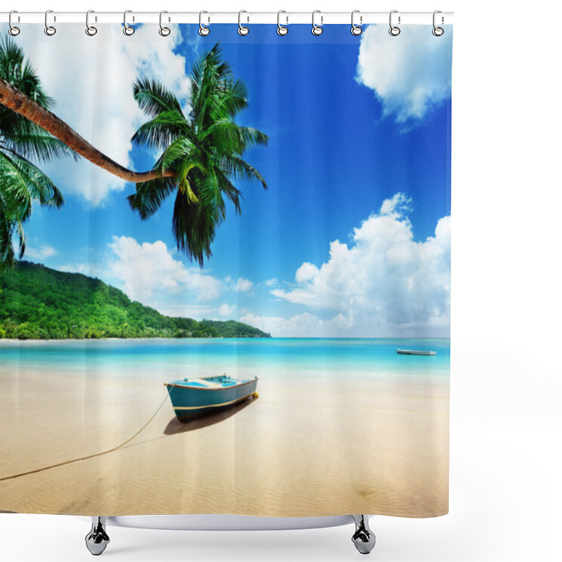 Personality  Boat On Beach Mahe Island, Seychelles Shower Curtains