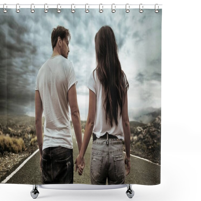 Personality  Two Hitchhikers Walking Along The Road Shower Curtains