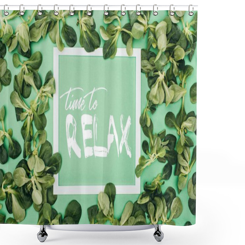 Personality  White Frame With Words Time To Relax And Fresh Green Leaves On Green Shower Curtains