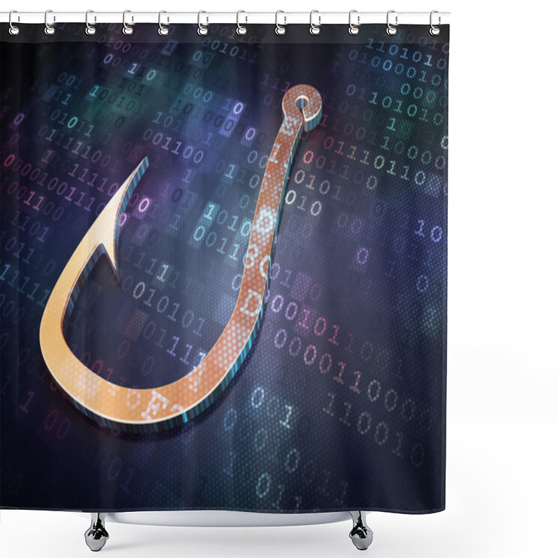 Personality  Security Concept: Golden Fishing Hook On Digital Background Shower Curtains